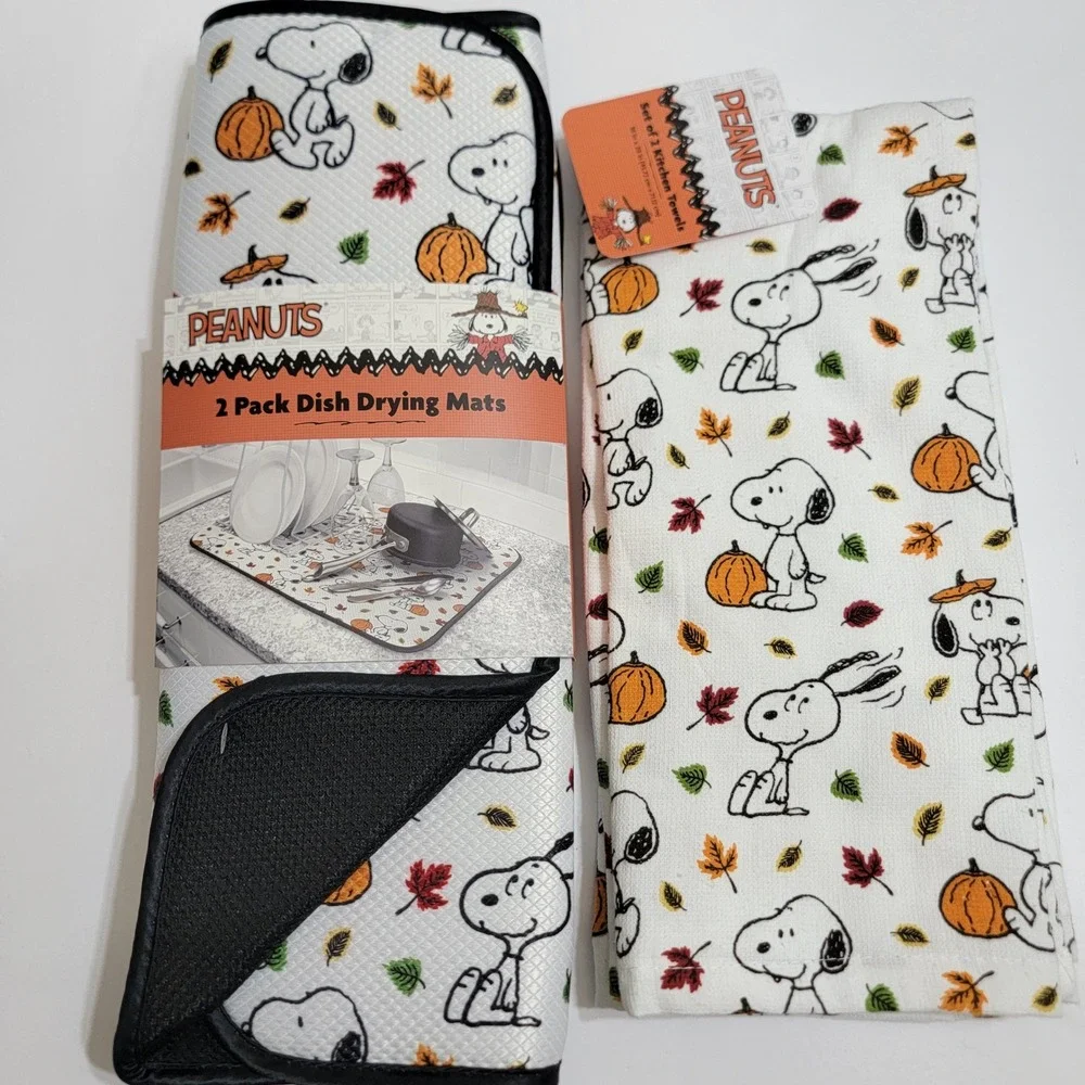 NEW Peanuts Snoopy Kitchen Set Fall Pumpkins 4pc Drying Mats and Kitchen Towels